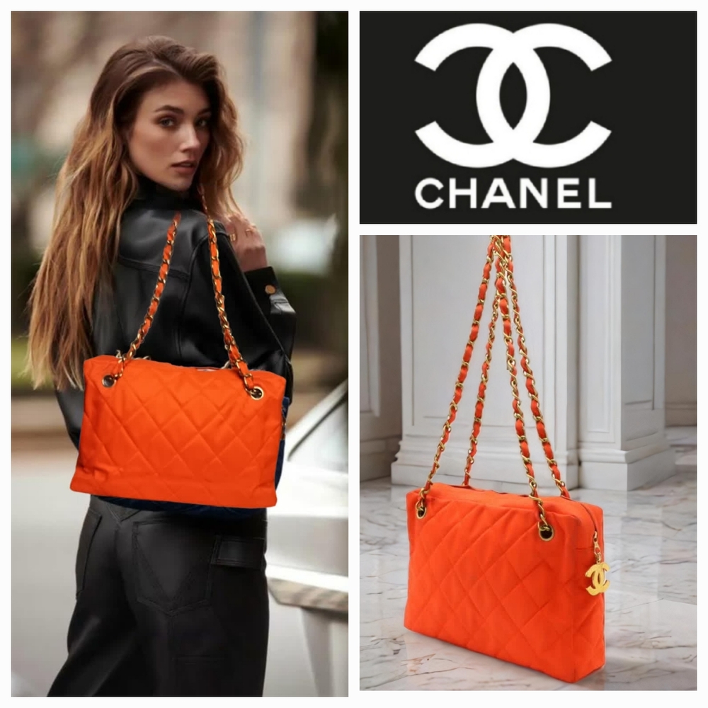 CHANEL ✨️ VINTAGE QUILTED RED/ORANGE NYLON SHOULDER BAG - Picture 1 of 15